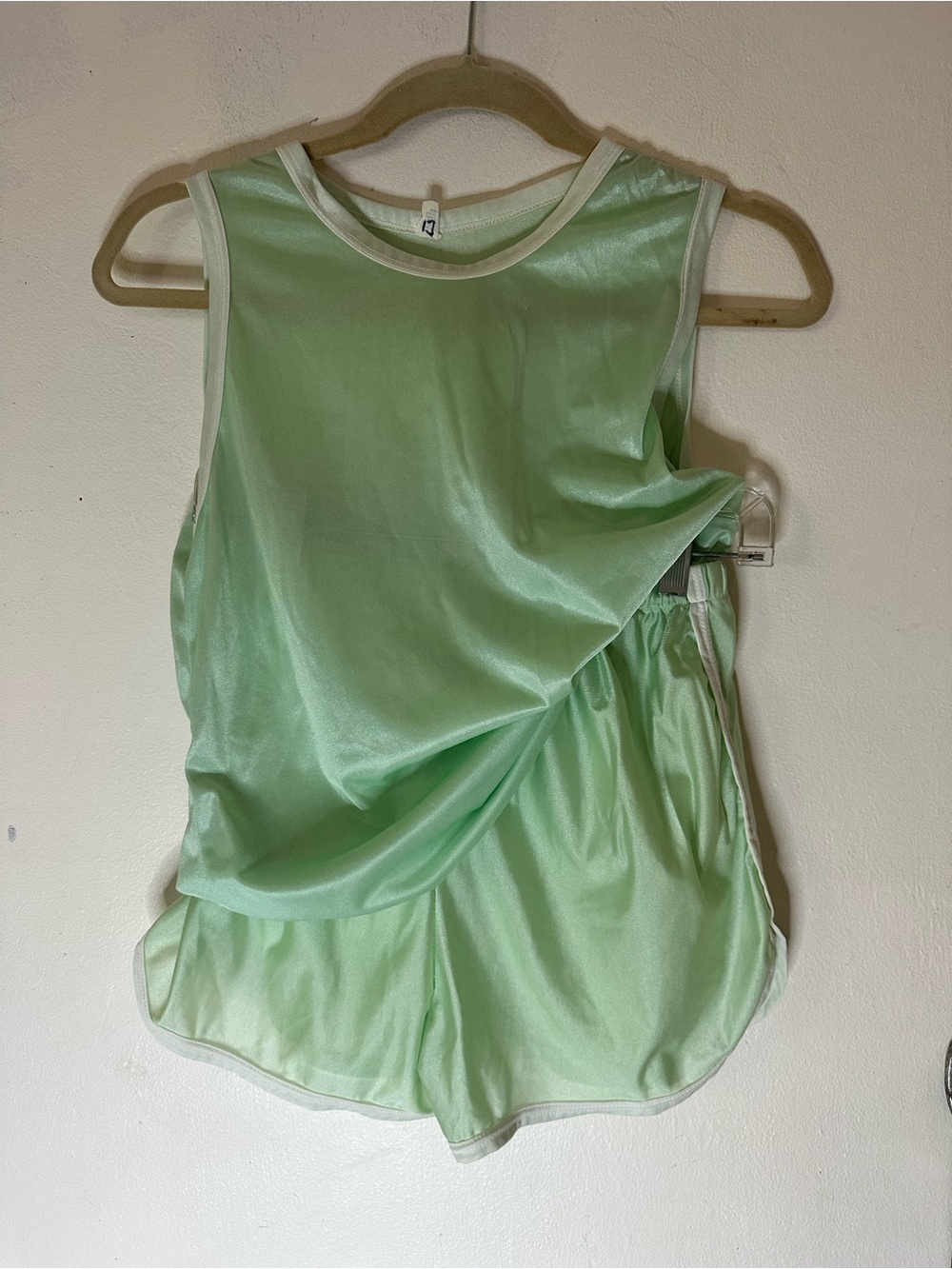 Vintage Mid Century Mint Green Satin Nylon Pajama Tank & Short Set